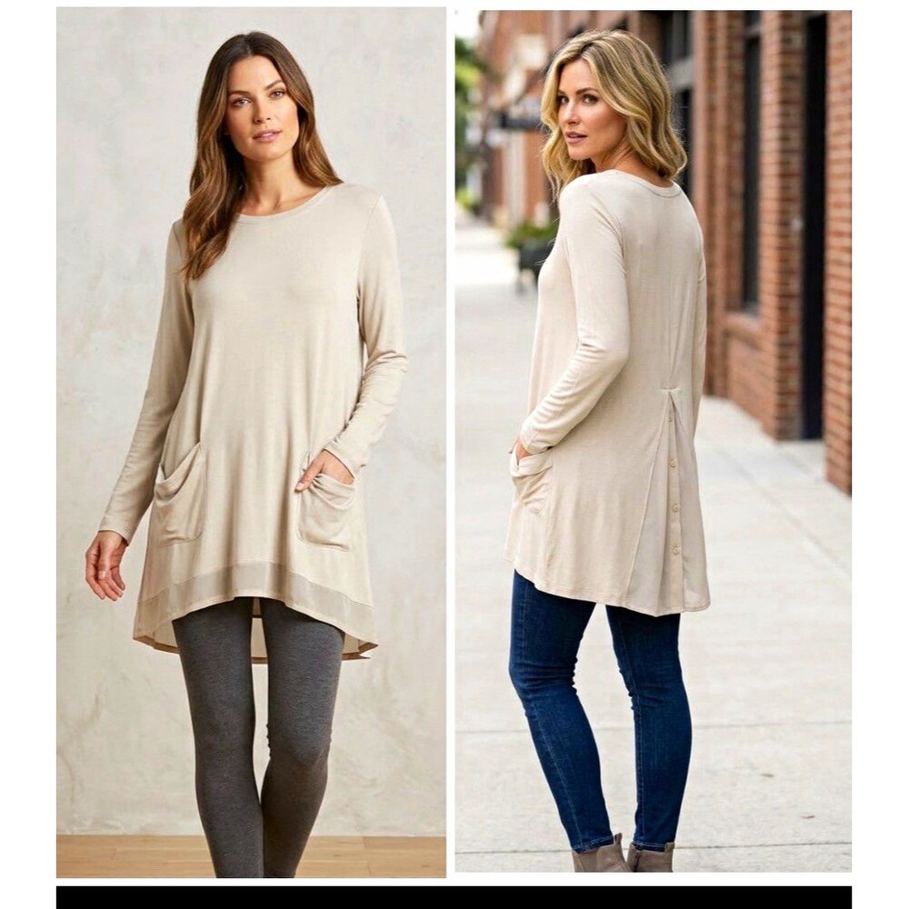 LOGO Lori Goldstein Women’s M Beige Knit Tunic Top Button Back Slit Pockets Boho